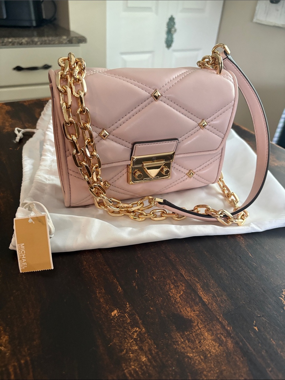 Michael Kors Blush Quilted Leather Crossbody with Gold Chain